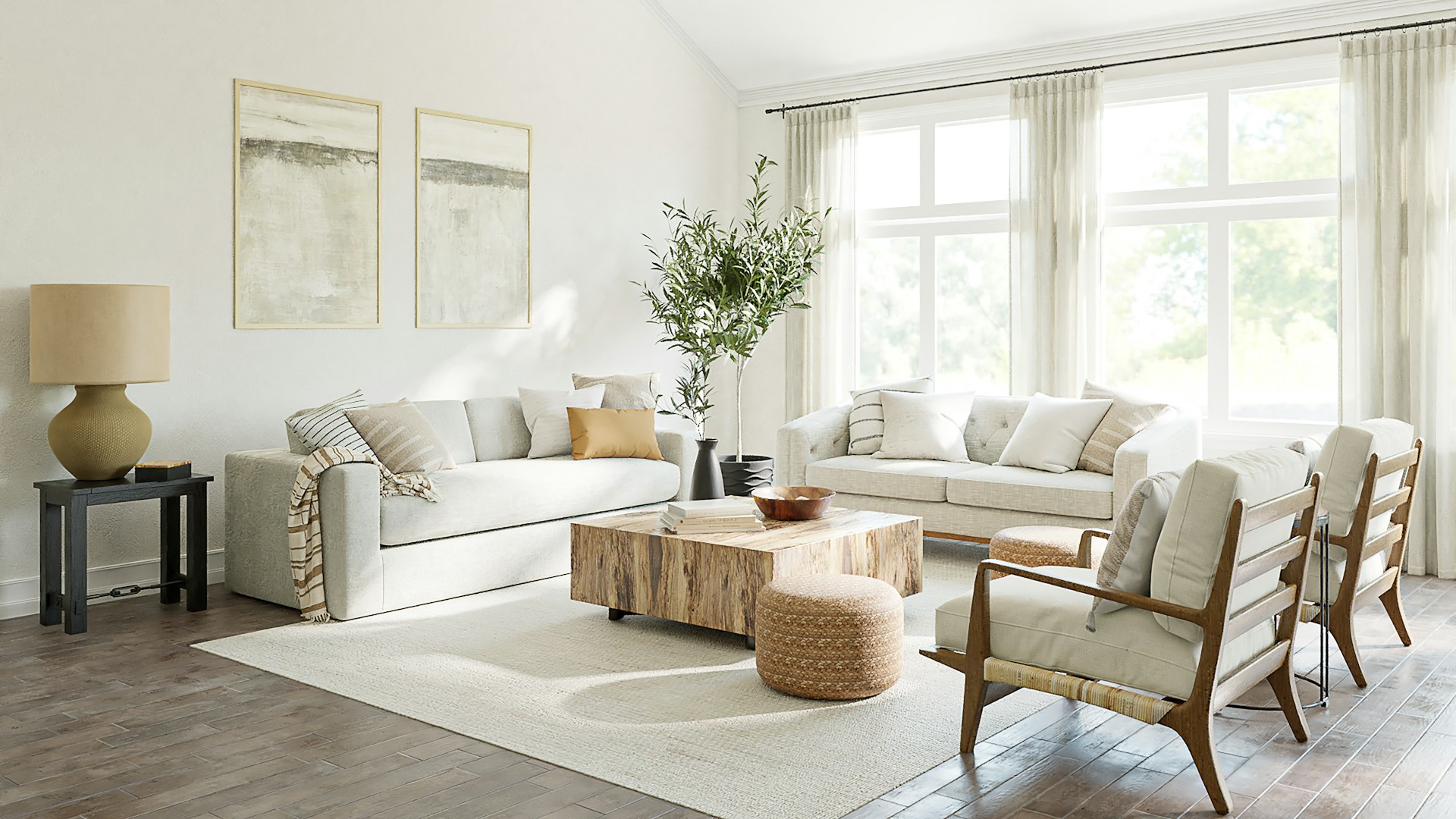 A woman in a blue denim shirt and headband is vacuuming a light-colored carpet in a bright living room. A yellow sofa is positioned against a white brick wall, and there are potted plants and a small table with a clock nearby.